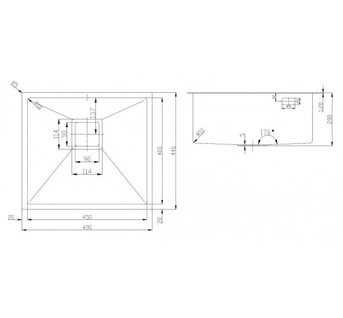 Кухонная мойка Fabiano Quadro 49 R10 Nano Graphite (49x44) 1,20 мм