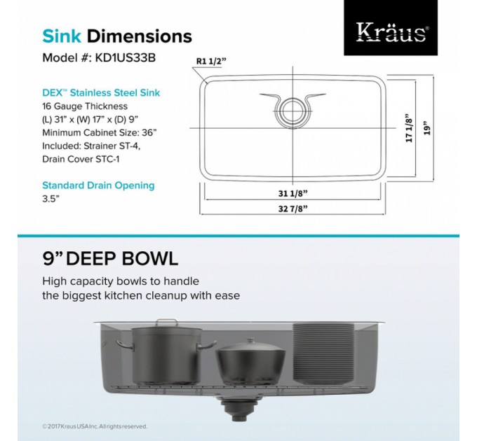 Кухонная мойка Kraus KD1US33B