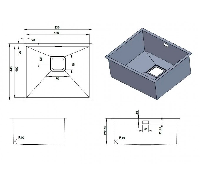 Кухонна мийка Fabiano Quadro 53 Celldecor Nano Graphite