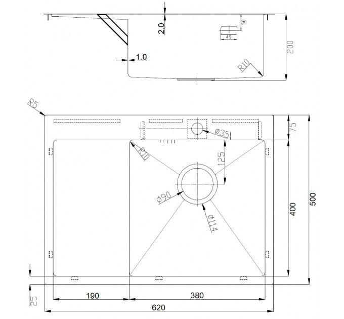 Кухонна мийка Fabiano BR 62x50 Right матове полірування