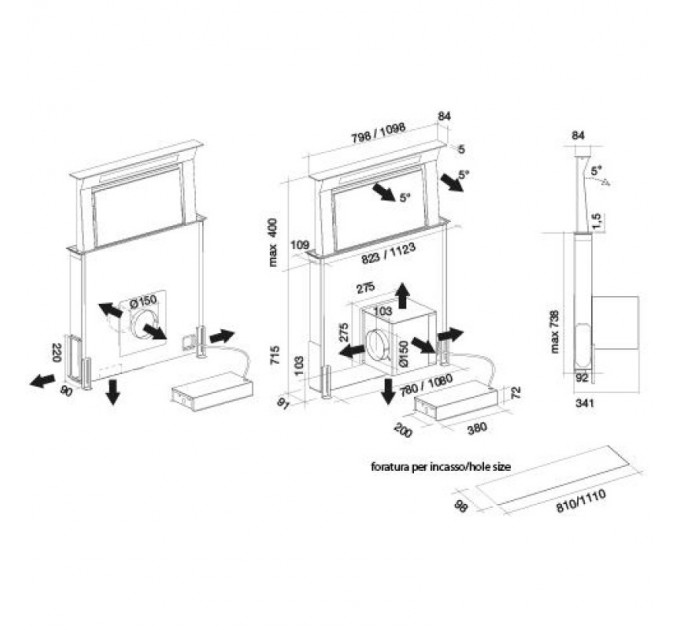 Витяжка кухонна Falmec DOWN DRAFT tavolo 120 vetro neroCDDW20.E1P2#ZZZN400F