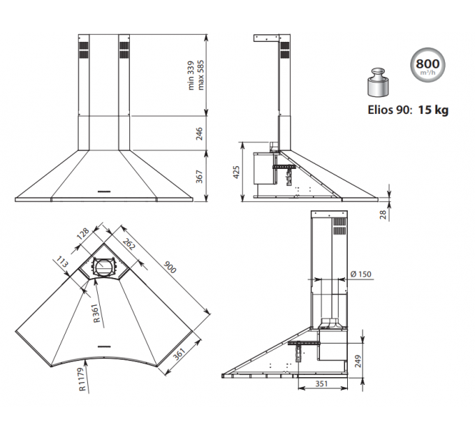 Витяжка кухонна Falmec ELIOS ANGOLO 90 Stainless steel (800) CEIA90.E0P1#CRII491F