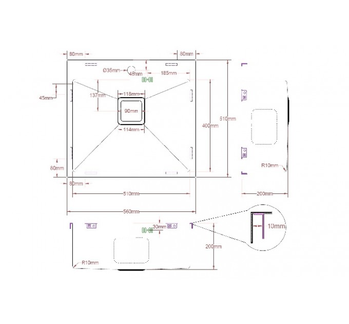 Кухонная мойка Fabiano Quadro TOP 56 R10 (560x510) 1,20 мм