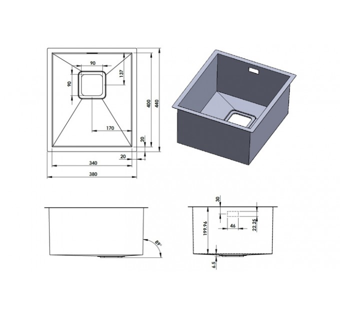 Кухонная мойка Fabiano Quadro 38 R10 (380x440) 1,20 мм